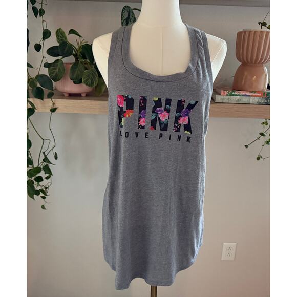 Victoria’s Secret PINK Gray Floral Logo Racerback Tank Top Size M Loungewear - Picture 1 of 7